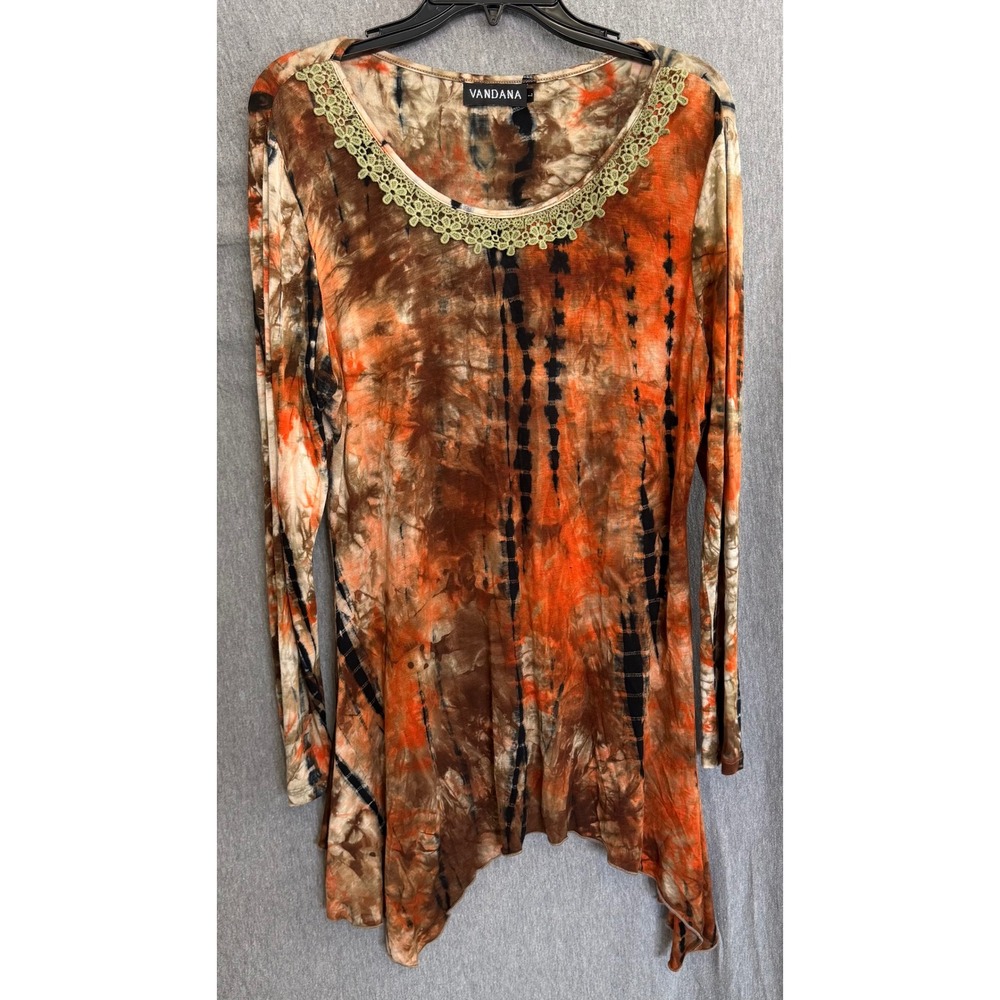 Vandana Tunic‎ Top Orange Brown Tie Dye Festival Whimsigoth Gypsy Womens Large